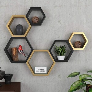 Wall Shelves Set Of 6 /Home Decor /Gold and Black/Gift / Home Decor /Wall decor In hexagon Shape