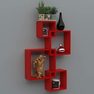 Modern Intersecting  Wall Shelf/ Home Wall Decor Set of 4 in Red color /  Home Decor