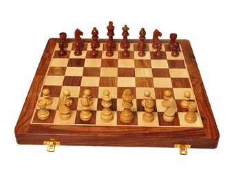 Handmade Wooden Box Chess Board  and Hand Carved Chess Pieces in size16"x16"Inch, Christmas Gift, Foldable chess board/