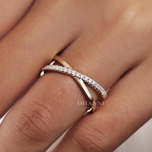 14K Gold Criss Cross Diamond Ring, X Shaped Crossover Wedding Band, Minimalist Statement Ring for Women, Unique Anniversary Gift for Her