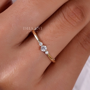 Minimalist Diamond Engagement Ring, Round Cut Three Stone Ring, 14K Gold Dainty Stacking Ring, Tiny Delicate Ring, Promise Ring For Her