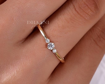 Minimalist Diamond Engagement Ring, Round Cut Three Stone Ring, 14K Gold Dainty Stacking Ring, Tiny Delicate Ring, Promise Ring for Her