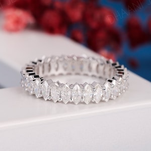 Moissanite Full Eternity Wedding Band: Marquise Cut, 14K White Gold