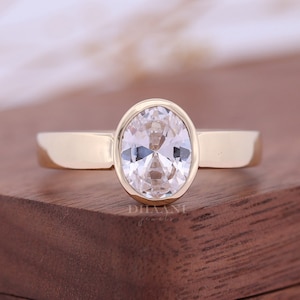 1.25 CT Oval Bezel Set Solitaire Engagement Ring, Colorless Moissanite Wedding Ring, Wide Band Unisex Ring, Unique One Diamond Proposal Ring