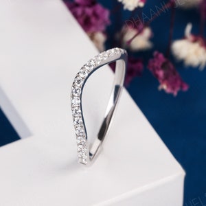 Dainty Moissanite Wedding Band: 10K White Gold Curved Stacking Ring