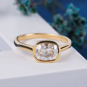 Moissanite Engagement Ring 1.25 CT Elongated Cushion Cut Colorless Moissanite Ring Bezel Set Ring Solitaire Ring 14K Yellow Gold Ring Bridal