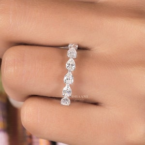 14K Solid Gold Diamond Band Anniversary Band Pear Shaped Moissanite Wedding Band East West Half Eternity Band Shared Prong Ring For Women