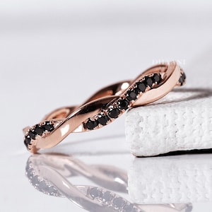 Black Onyx Twisted Wedding Band: 14K Rose Gold Stacking Ring