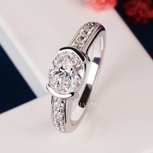 Half Bezel Set Solitaire Engagement Ring, Horizontal Oval Cut Moissanite Ring, Antique Wedding Ring, Diamond Bridal Ring, Gift For Women