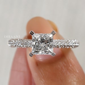 1.00 CT Princess Cut Moissanite Engagement Ring: 14K White Gold Pave Band