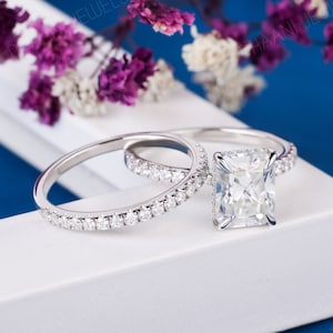 3.50 CT Radiant Cut Moissanite Engagement Ring Set 925 Sterling Silver Ring 14K White Gold Half Eternity Band Bridal Ring Set Wedding Gifts