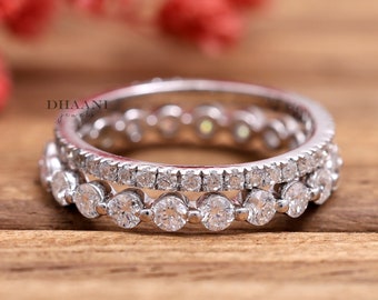 Round Cut Moissanite Floating Bubble Band With Micro Pave Eternity Matching Band Dainty Stacking Bridal Set Minimalist Wedding Ring Set