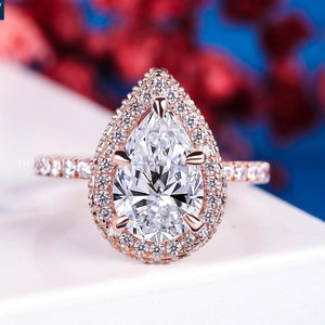 Cathedral Pear Cut Moissanite Ring, Pave Band, Solid Gold