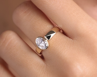 Oval Moissanite Engagement Ring: 14K Gold Wide Band Solitaire