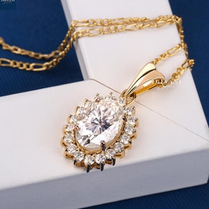 Oval Cut Moissanite Engagement Pendent Halo Oval Moissanite Necklace 14k Solid Yellow Gold Pendant Anniversary Gift For Her Elegant Necklace