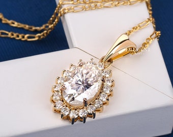 Oval Moissanite Halo Pendant, 14k Yellow Gold Anniversary Necklace