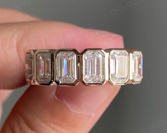 Emerald Cut Moissanite Ring: 14k Gold Five Stone Anniversary Band