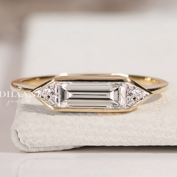 East West Straight Baguette Cut Moissanite Engagement Ring, 14K Solid Gold Bezel Set Ring, Three Stone Wedding Ring, Geometric Unique Ring