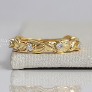 Vintage Leaf Diamond Engagement Band, Nature Inspired Leaf Floral Wedding Band, 14K Yellow Gold Diamond Art Deco Ring, Mother&#39;s Day Gifts
