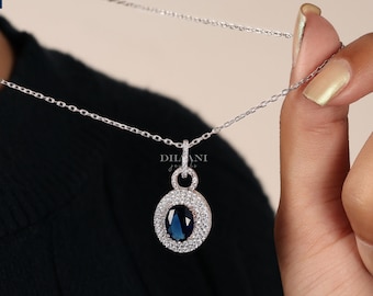 Royal Blue Sapphire Double Halo Necklace, Sterling Silver September Birthstone