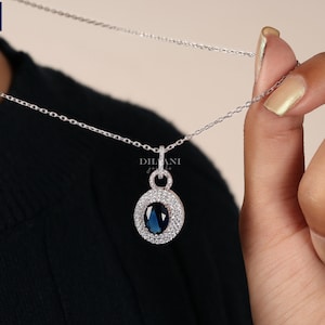 Royal Blue Sapphire Double Halo Necklace: Sterling Silver September Birthstone