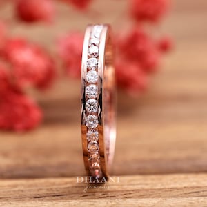 Channel Set Diamond Wedding Band 1.80 MM Round Cut Colorless Moissanite Band 14K Gold Diamond Ring Full Eternity Stackable Ring Bridal Sets