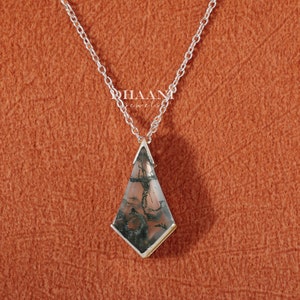Natural Moss Agate Kite Shape Necklace 925 Sterling Silver, Unique Personalized Necklace For Women, Art Deco Green Gemstone Necklace, Gifts