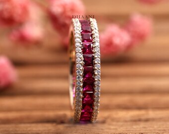 Princess Cut Red Garnet Wedding Band Full Eternity Stacking Band Unique 3 Raw Diamond Wide Band January Birthstone Ring 14K Yellow Gold Ring