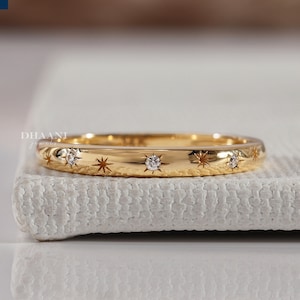Round Cut Moissanite Star Wedding Band For Woman Stacking Ring 14K Solid Gold Diamond Band Gift Thick Gold Band Unique Matching Wedding Ring