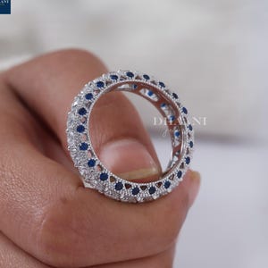 Moissanite Blue Sapphire Wedding Band, Art Deco 925 Silver Eternity Ring