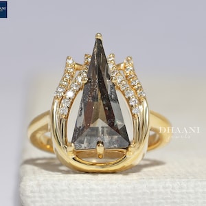 Trilliant Salt and Pepper Diamond Ring: 14K Gold Geometric Engagement Ring