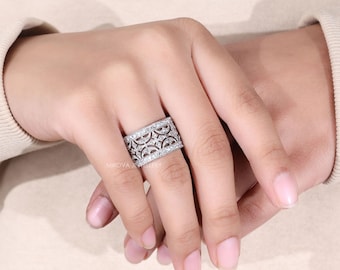 14K Solid White Gold Elegant Wide Filigree Round Moissanite Band With Sparkling Pavé Design, Luxury Statement Anniversary Jewelry for Women