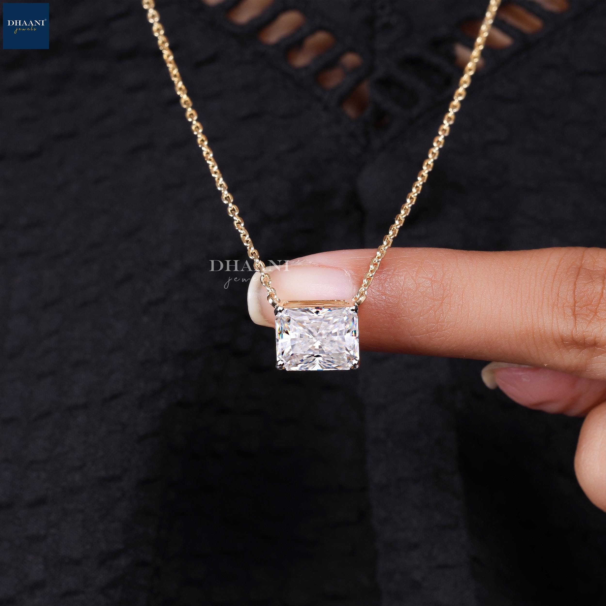 Horizontal Radiant Diamond 14K Yellow Gold Cable Chain Necklace 