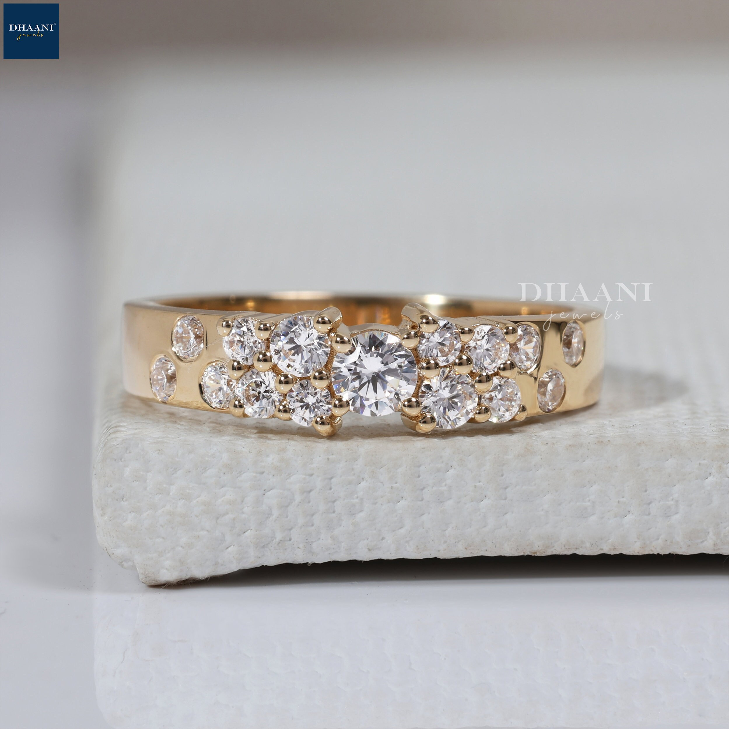 Handmade 14K Yellow Gold Moissanite Cluster Ring: Wide Anniversary Band
