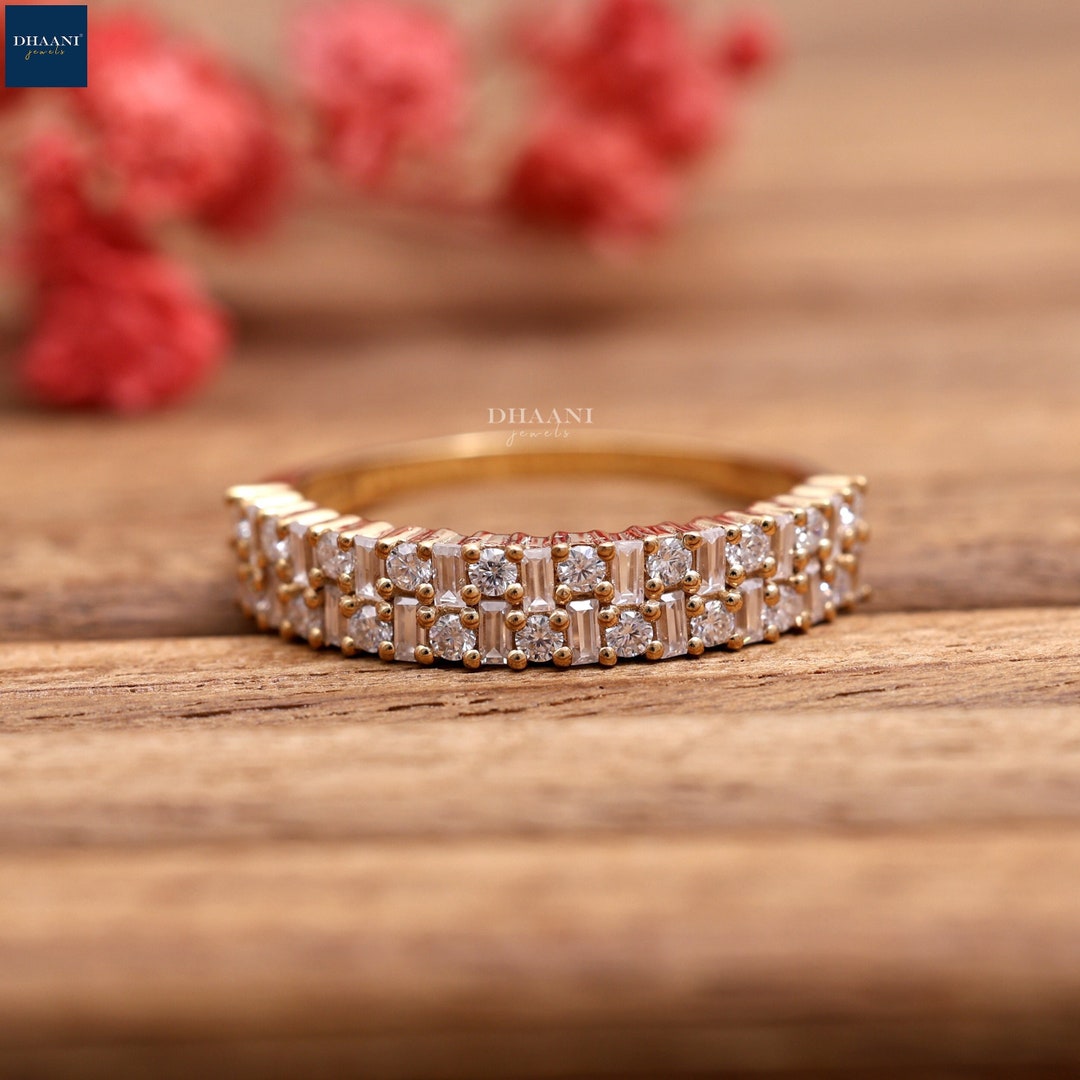Baguette & Round Cut Moissanite 14K Yellow Gold Wedding Band, Unique ...