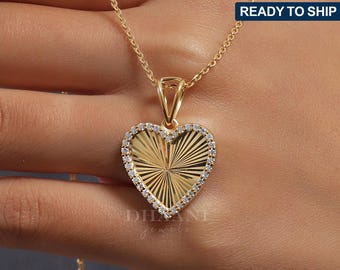 14K Gold Striped Heart Charm Necklace, Crystal Heart Necklace For Women, Vintage Love Heart Necklace, Layering Necklace, Best Gift For Her