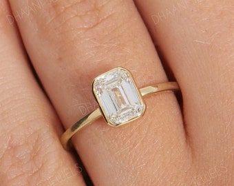 1.75 CT Emerald Cut Moissanite Bezel Set Ring, Emerald Cut Solitaire Ring in 14KT Yellow Gold, Engagement Ring, Wedding Ring, Bridal Ring