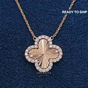 Moissanite Flower Pendant Necklace: 14K Yellow Gold, Dainty April Birthstone