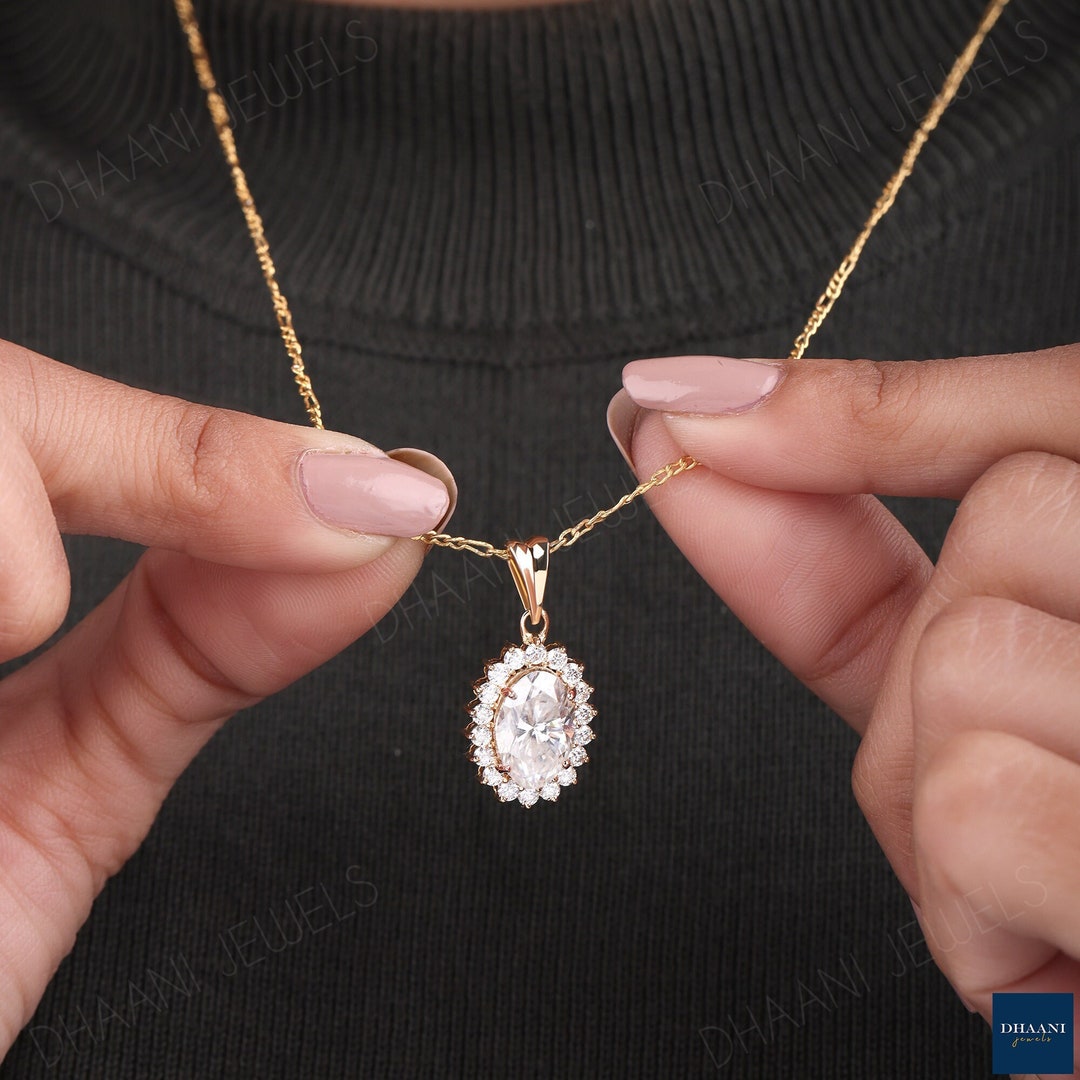 Oval Cut Moissanite Engagement Pendent Halo Oval Moissanite Necklace 14k Solid Yellow Gold Pendant Anniversary Gift for Her Elegant Necklace Etsy