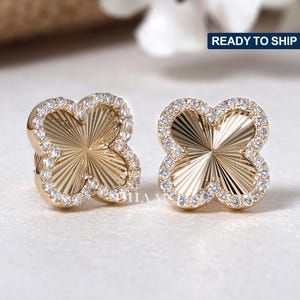 14K Yellow Gold Halo Diamond Clover Studs, Vintage Four Leaf Stud Earrings, Flower Style Earrings, Classic Wedding Studs, Earring For Women