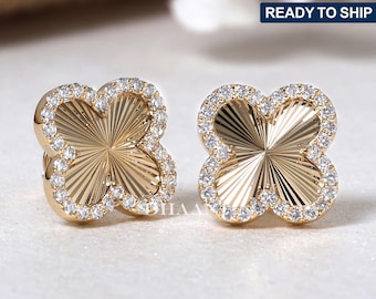 14K Yellow Gold Halo Diamond Clover Studs, Vintage Four Leaf Stud Earrings, Flower Style Earrings, Classic Wedding Studs, Earring For Women