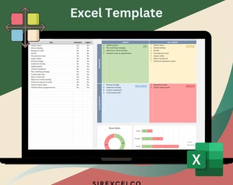 May include: A laptop screen displaying an Eisenhower Matrix Excel template. The template is divided into four quadrants: Urgent and Important, Urgent and Not Important, Not Urgent and Important, and Not Urgent and Not Important. Each quadrant has a list of tasks and a check box to mark them as completed. The template also includes a pie chart showing the percentage of tasks completed in each quadrant.