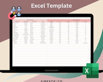 May include: A laptop screen displaying a spreadsheet with the title "Lead Tracker Excel Template". The spreadsheet has columns for company name, contact information, and notes. The spreadsheet is on a green and pink background with the text "SIREXCELCO READY TO USE | INSTANT DOWNLOAD" below the laptop.