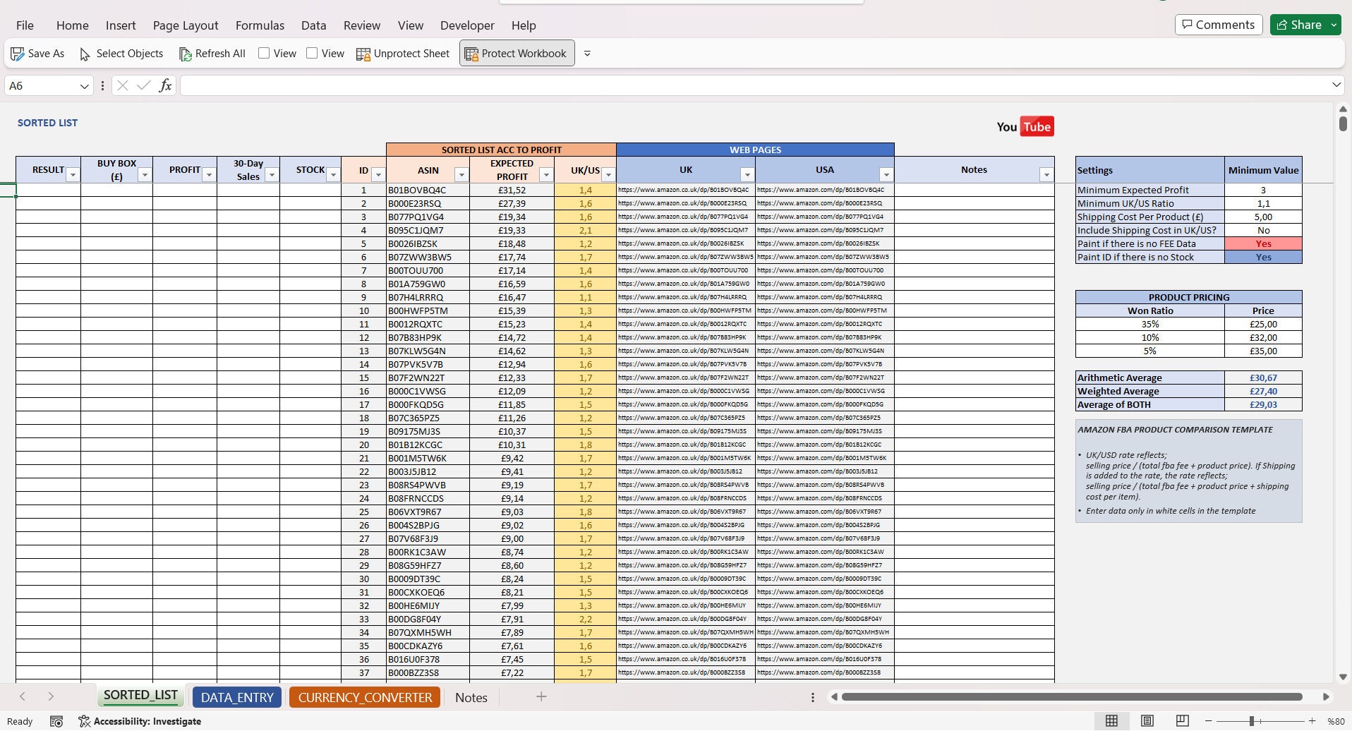 Amazon Product Comparison Excel Template, Amazon FBA Profit Helper ...