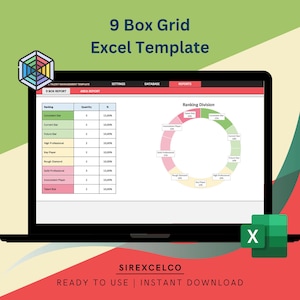 May include: A laptop screen displaying a 9 Box Grid Excel Template. The template includes a table with rankings, quantity, and percentage, and a donut chart showing the ranking division. The template is titled "9 Box Grid Excel Template" and the company name "SIREXCELCO" is displayed below the template. The text "READY TO USE | INSTANT DOWNLOAD" is also displayed below the company name.