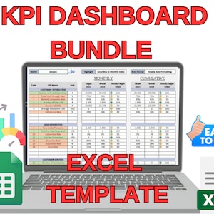 Puede incluir: Una pantalla de computadora portátil que muestra una hoja de cálculo con un título rojo "KPI Dashboard Bundle". La hoja de cálculo está dividida en dos secciones: "Mensual" y "Acumulativo". La hoja de cálculo contiene columnas para "Objetivo", "Real" e "Índice Real/Objetivo". La hoja de cálculo está etiquetada como "Plantilla de Excel".