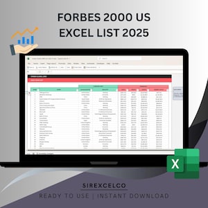 以下が含まれることがあります： ラップトップには、「FORBES 2000 US EXCEL LIST 2025」というタイトルのExcelスプレッドシートが表示されています。スプレッドシートには、会社名、本社、業界などの財務データが表示されます。画像には「SIREXCELCO READY TO USE | INSTANT DOWNLOAD」というテキストが含まれています。