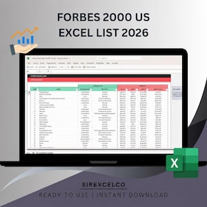 May include: A laptop screen displaying the Forbes 2000 US Excel List 2026, featuring a spreadsheet with columns for company name, headquarters, industry, sales, profit, assets, and market value, accompanied by a graphic of a hand holding a rising bar chart.