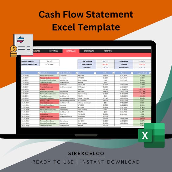 Cash Flow Statement Excel Template | Track Income, Expenses, Financial Balance, Profit and Loss, Balance Sheet, Accounting for business