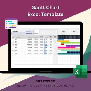 May include: A laptop screen displaying a Gantt chart Excel template. The chart shows a project timeline with tasks, task owners, start dates, end dates, progress, bar color, and work days. The template is ready to use and can be downloaded instantly.